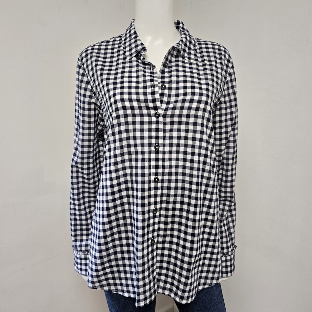 Draper James Gingham Check Shirt Size 14 L Button Down Long Sleeve Navy Preppy